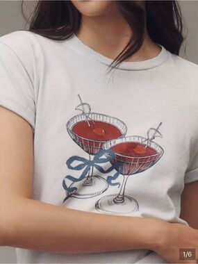 Anthropologie Cream Tee with Red Cocktail Glasses and Navy Ribbon